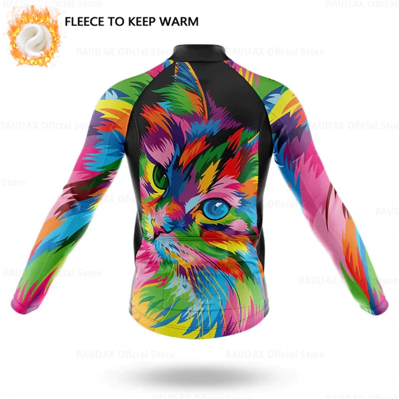 Cartoon Cat Winter Cycling Jersey Men Thermal Fleece Long Sleeve Race Sweatshirt MTB Cycling Clothing Ropa Ciclismo Bike Jacket