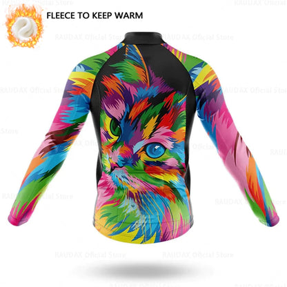 Cartoon Cat Winter Cycling Jersey Men Thermal Fleece Long Sleeve Race Sweatshirt MTB Cycling Clothing Ropa Ciclismo Bike Jacket