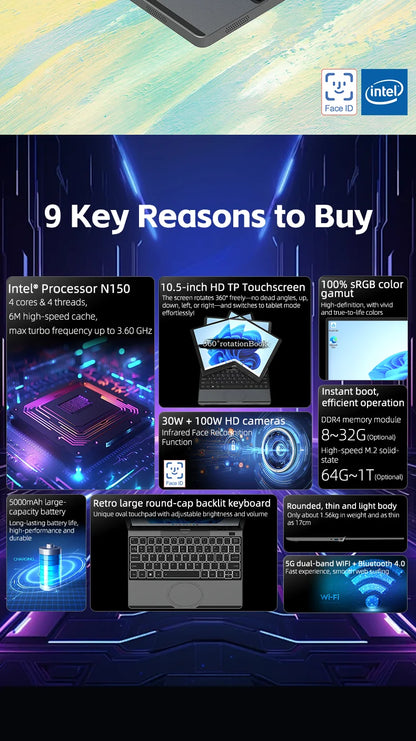10.5Inch Touch Screen Laptop Intel N95 16GB DDR4 1TB SSD Portable Mini Office Notebook PC Full-function Type-C Port