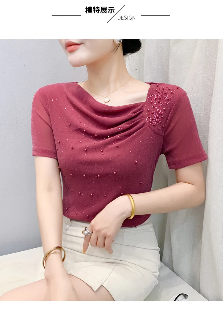 Korean Fashion Hot Diamond T Shirt Summer Casual Skew Neck Mesh Tops Beaded Short Sleeve Women Tees
