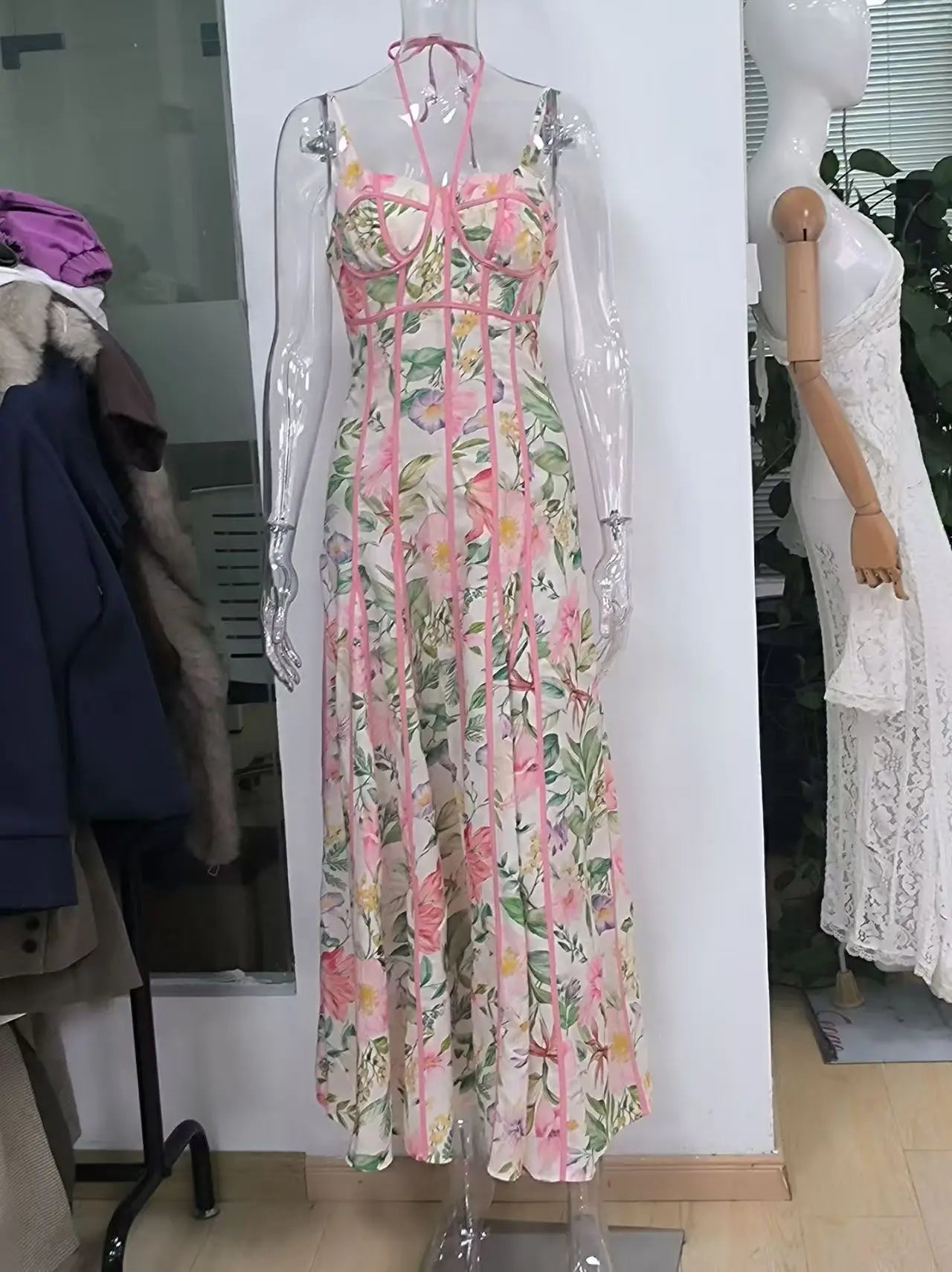 Women Elegant Printed Halter Long Sling Dress Sexy V-neck Sleeveless High Waist Slim A-line Dresses Lady Evening Party Dress