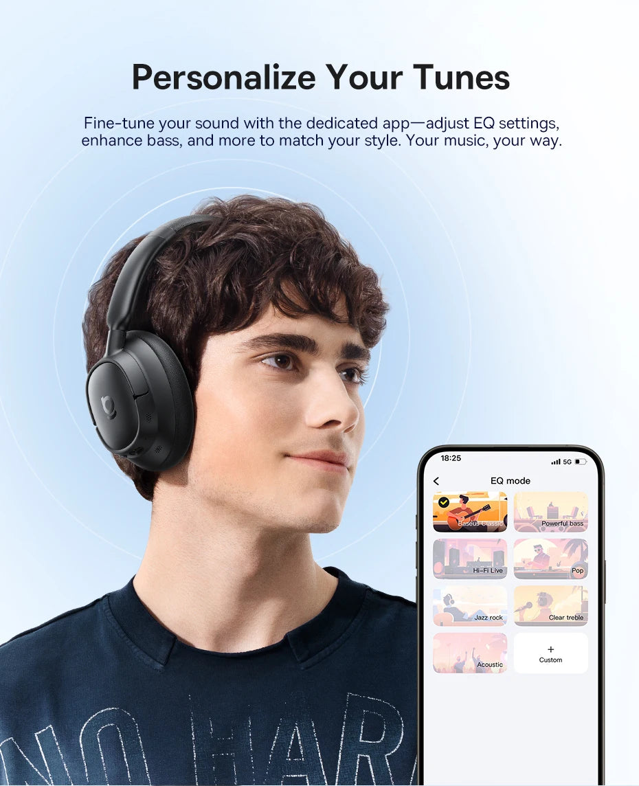 Baseus Bass EH10 NC Wireless Headphones Bluetooth 6.0 Noise Canceling 45dB Over Ear HeadsetSpatial Audio Earphone 80H Time