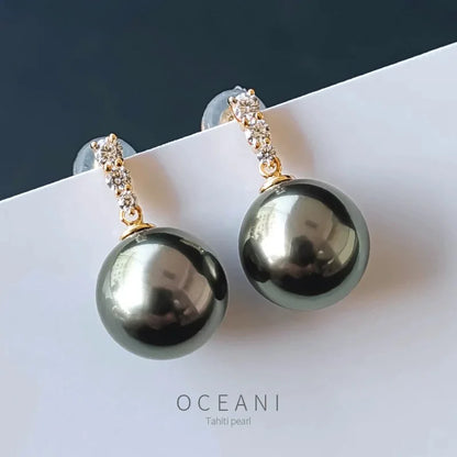 18K Yellow Gold Tahiti Pearl Drop Earrings For Women,Big Natural Black Pearl Earrings AU750 Wedding Gift Girl