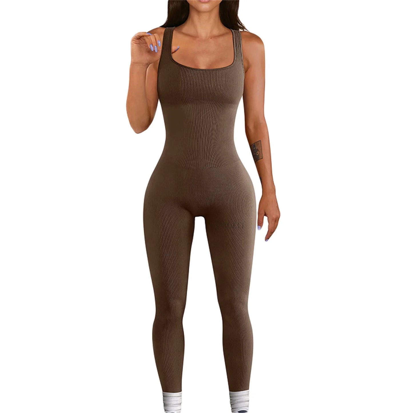 Women Sleeveless Bodycon Jumpsuit Summer Solid Color U-neck Romper Pants Streetwear Clubwear
