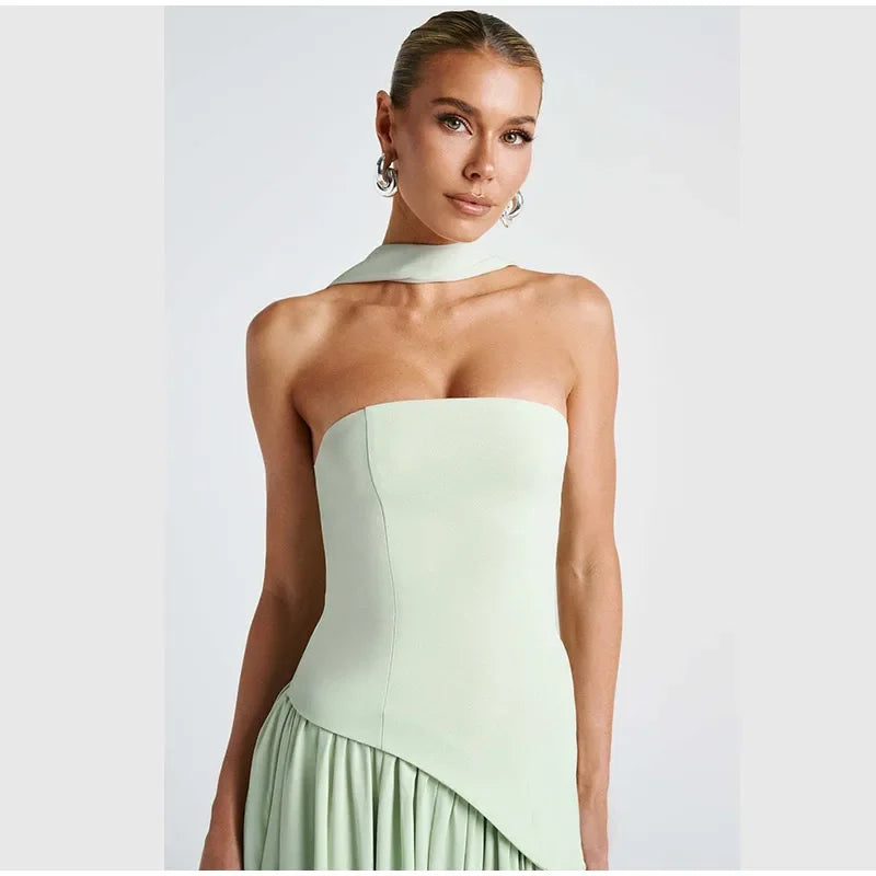 Elegant Off-shoulder Strapless Yellow Long Dresses 2025 Summer Party Dress Women Pleat Scarf Neck Holiday Evening Lady Vestidos