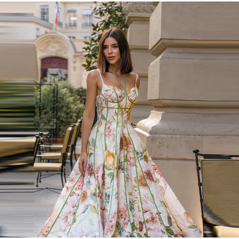 Women Elegant Printed Halter Long Sling Dress Sexy V-neck Sleeveless High Waist Slim A-line Dresses Lady Evening Party Dress