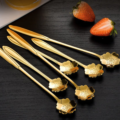 Flower Shape Coffee Spoon Gold Stainless Steel Dessert Spoon Ice Cream Scoop Tableware Kitchen Accessories