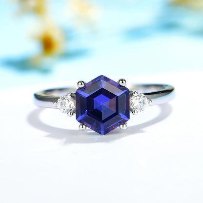 Luxyimagic Hexagon London Blue Topaz Gemstone Ring for Women Soid 925 Sterling Silver Tanzanite Morganite Jewelry for Engagement