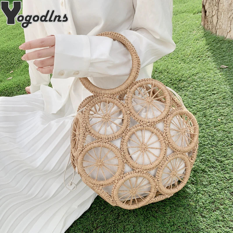 Large Capacity Straw Woven Handbag Handwoven Hollow Women Shoulder Bag Travel Vacation Summer Beach Bag Top Handle Bags