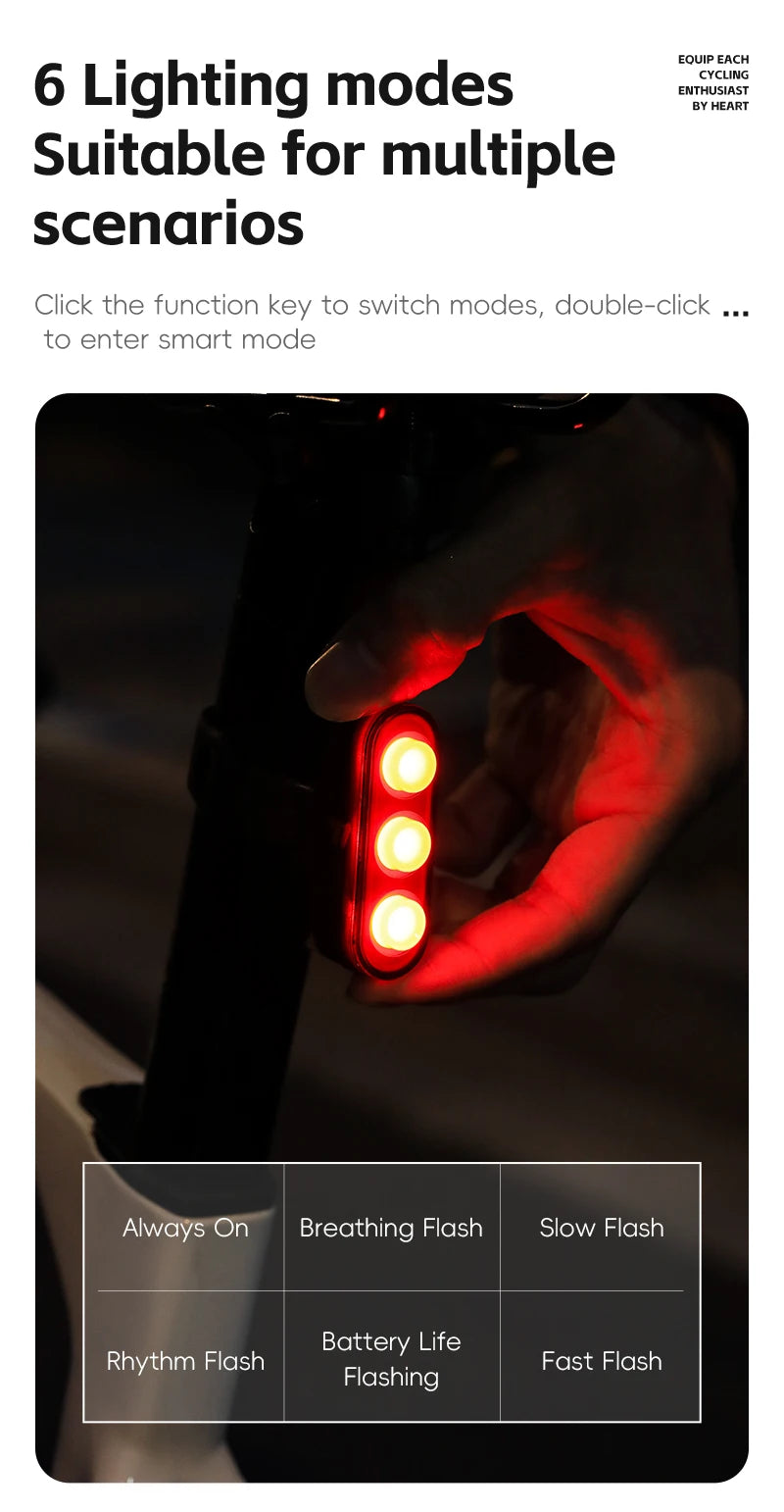 WEST BIKING Bike Taillight IP66 Waterproof Smart Brake Sensing Rear Light Auto Start/Stop LED Cycling Taillight Bike Accessories