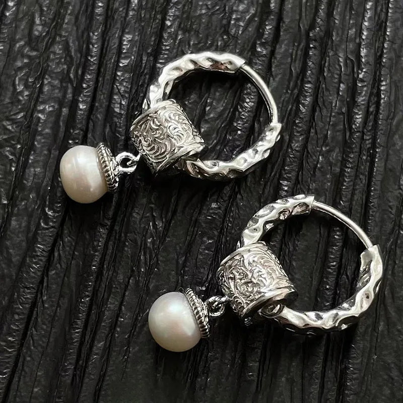 VENTFILLE 925 Sterling Silver Liquid Lava Texture Pearl Earring for Women Design Retro Versatile Jewelry Gift Dropshipping