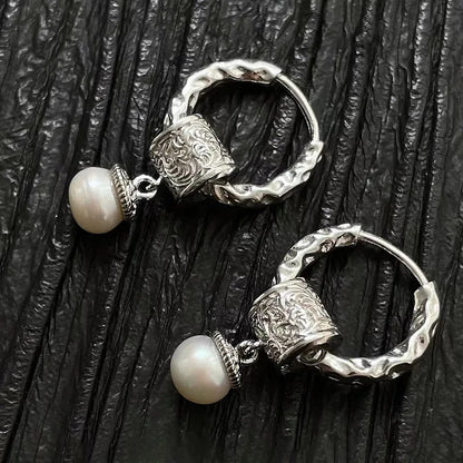 VENTFILLE 925 Sterling Silver Liquid Lava Texture Pearl Earring for Women Design Retro Versatile Jewelry Gift Dropshipping