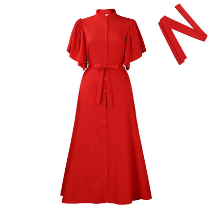 2025 Summer New Fashion Women's Solid Color Trendy Casual Flare Sleeve Single-breasted Loose Floor Length Dresses Female Clothes
