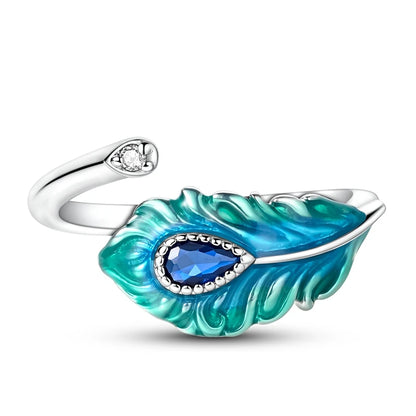 Original 925 Sterling Silver Malachite Green Open Ring Peacock Feather Adjustable Ring For Women Gift