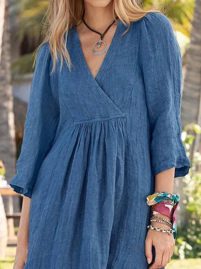 Cotton Linen Solid Color Dress Women's Spring Summer Seven Quarter Sleeve Sexy V-neck Casual Loose Mid Length Dress