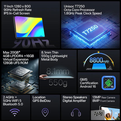 SVITOO Tablet 2026 Android 16 11 Inch 90Hz HD IPS Screen Unisoc T7250 Octa-Core Processor 4GB Physical RAM + 16GB Virtual RAM 128GB ROM 1TB Expandable 8800mAh Battery 2.4GHz 5GHz Dual Band WiFi 5 Bluetooth 5.0 GPS Widevine L1