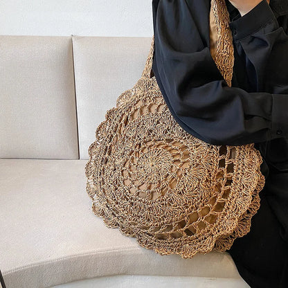 Bohemian Straw Bags for Women Circle Beach Handbags Summer Rattan Shoulder Bags Handmade Knitted Travel Big Totes Bag New