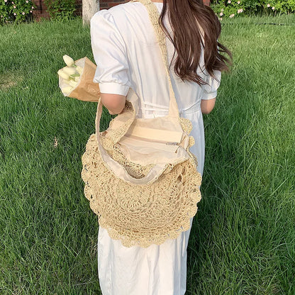Bohemian Straw Bags for Women Circle Beach Handbags Summer Rattan Shoulder Bags Handmade Knitted Travel Big Totes Bag New