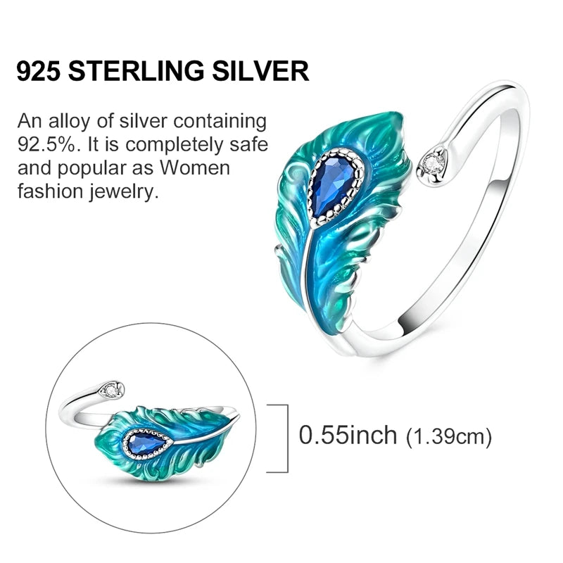 Original 925 Sterling Silver Malachite Green Open Ring Peacock Feather Adjustable Ring For Women Gift