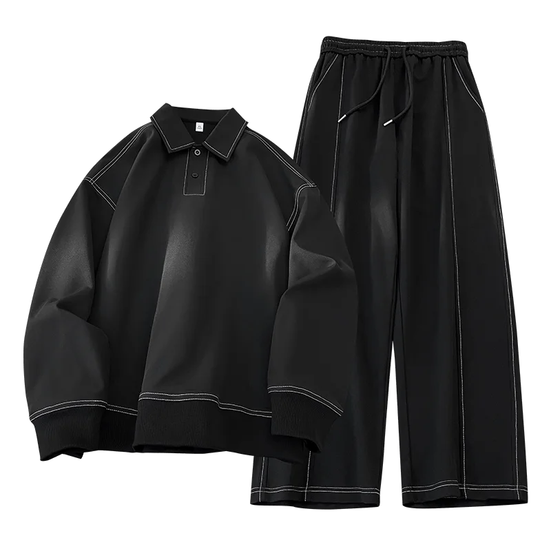 Two-piece set men sportswear Spring New Mens Casual Outdoor Set Square Neck Long Sleeve Loose TShirt Elastic Waist Comfort Pants
