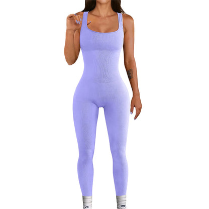 Women Sleeveless Bodycon Jumpsuit Summer Solid Color U-neck Romper Pants Streetwear Clubwear