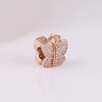 Rose Gold Fine Plated Pink Clip Dasiy Butterfly Dragonfly DIY Charms Fit Original Sterling Silver 925 Bracelet For Women Jewelry