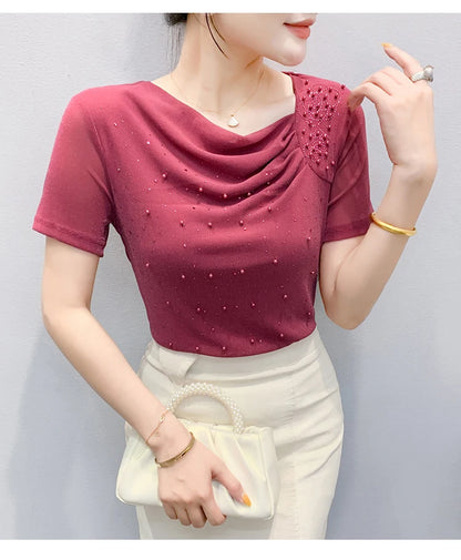 Korean Fashion Hot Diamond T Shirt Summer Casual Skew Neck Mesh Tops Beaded Short Sleeve Women Tees