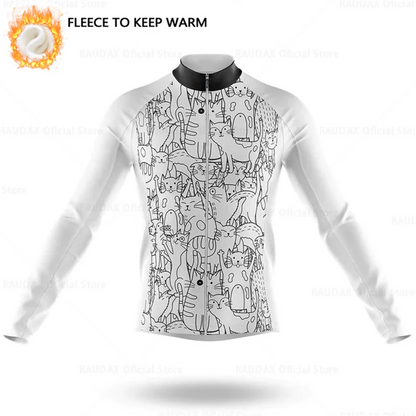 Cartoon Cat Winter Cycling Jersey Men Thermal Fleece Long Sleeve Race Sweatshirt MTB Cycling Clothing Ropa Ciclismo Bike Jacket