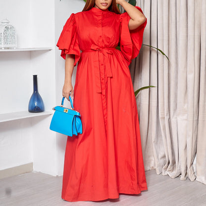 2025 Summer New Fashion Women's Solid Color Trendy Casual Flare Sleeve Single-breasted Loose Floor Length Dresses Female Clothes