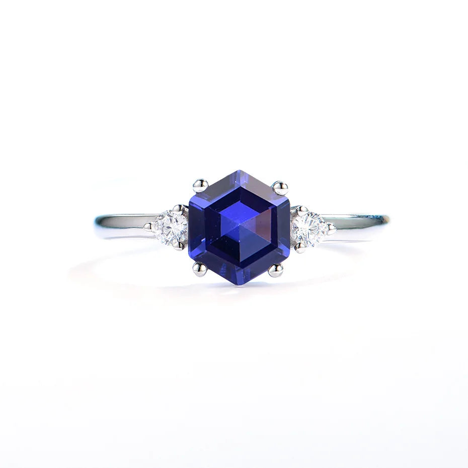 Luxyimagic Hexagon London Blue Topaz Gemstone Ring for Women Soid 925 Sterling Silver Tanzanite Morganite Jewelry for Engagement