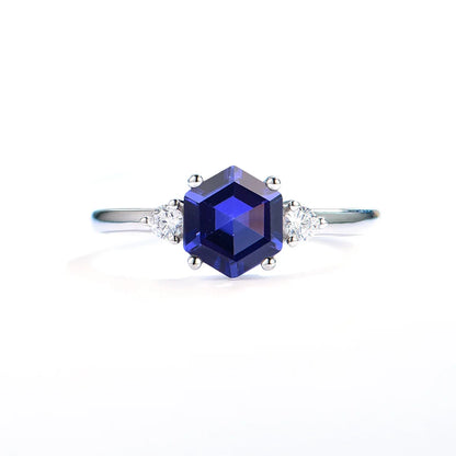Luxyimagic Hexagon London Blue Topaz Gemstone Ring for Women Soid 925 Sterling Silver Tanzanite Morganite Jewelry for Engagement