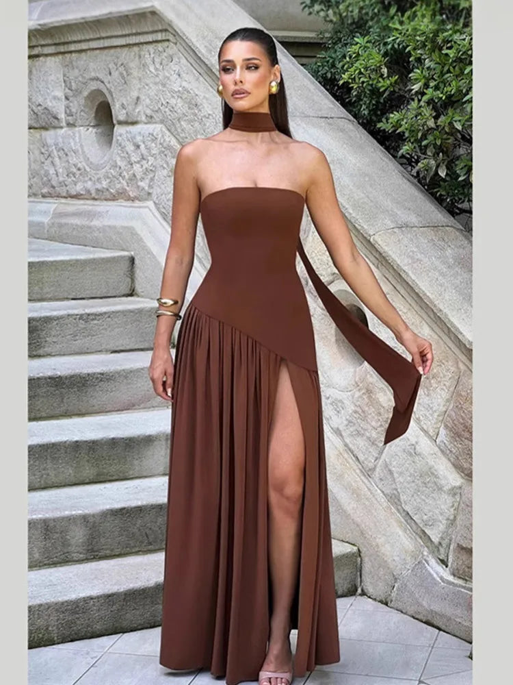 Elegant Off-shoulder Strapless Yellow Long Dresses 2025 Summer Party Dress Women Pleat Scarf Neck Holiday Evening Lady Vestidos