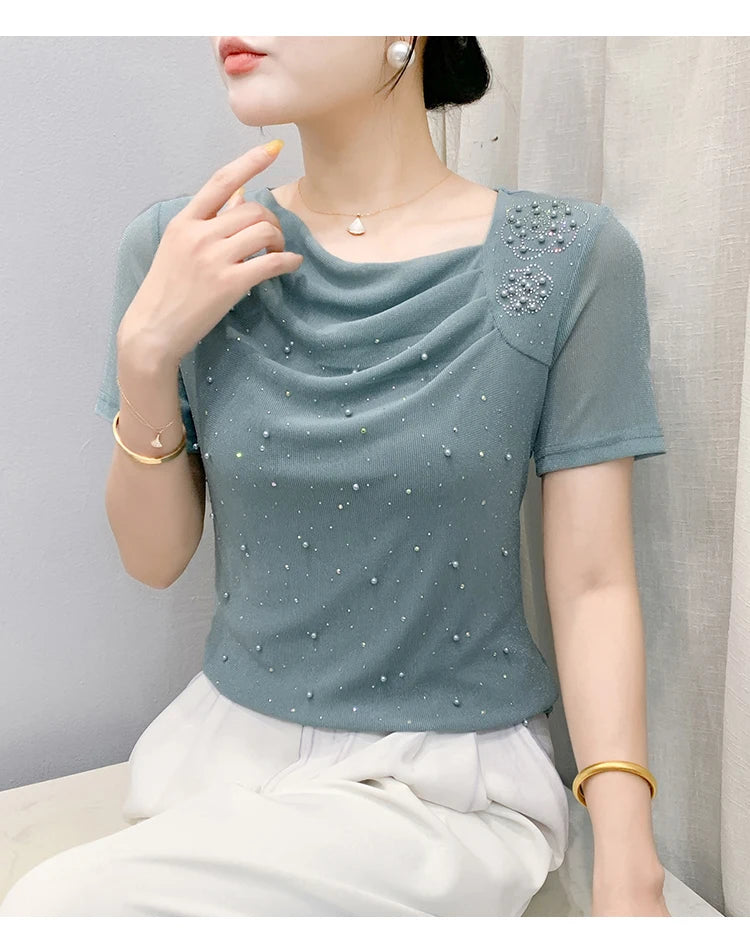 Korean Fashion Hot Diamond T Shirt Summer Casual Skew Neck Mesh Tops Beaded Short Sleeve Women Tees