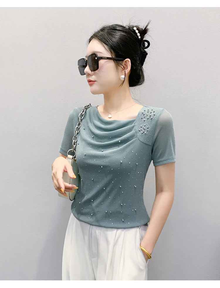 Korean Fashion Hot Diamond T Shirt Summer Casual Skew Neck Mesh Tops Beaded Short Sleeve Women Tees