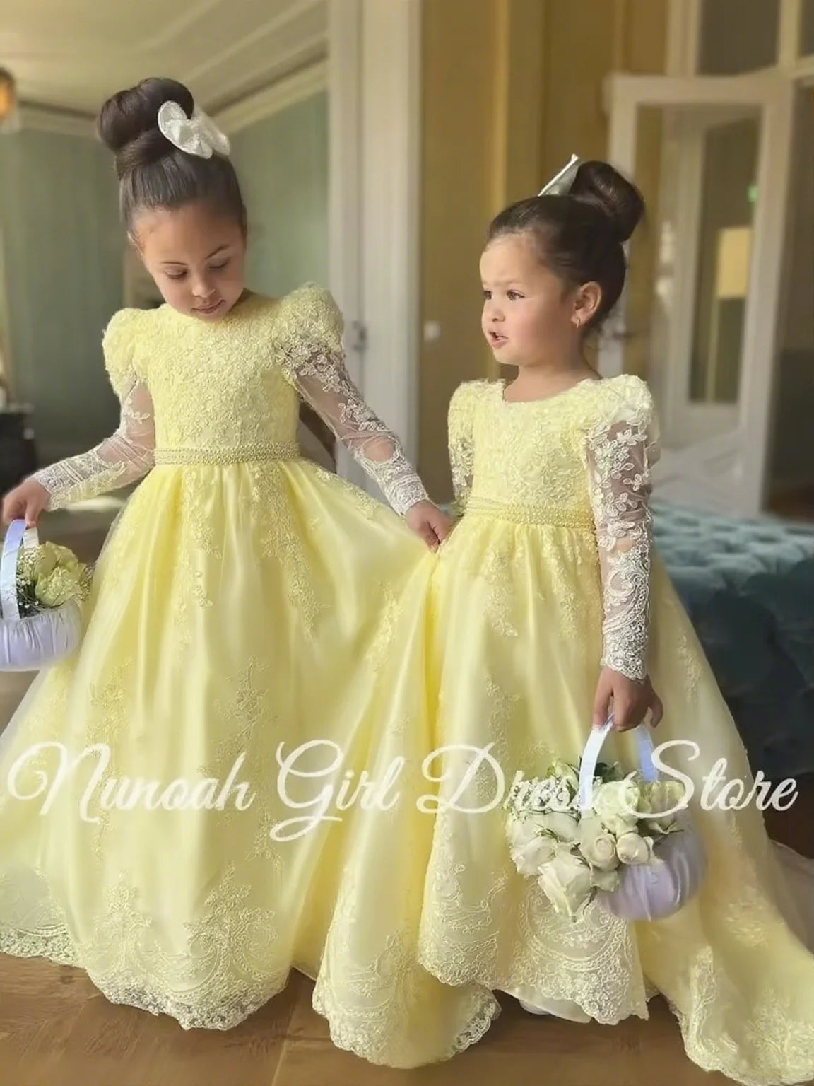 White Flower Girl Dresses for Wedding Bow Lace Appliques Floor Length Girls Kids Birthday Party Communion Party Gowns Customized