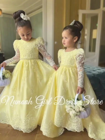 White Flower Girl Dresses for Wedding Bow Lace Appliques Floor Length Girls Kids Birthday Party Communion Party Gowns Customized