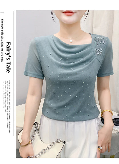 Korean Fashion Hot Diamond T Shirt Summer Casual Skew Neck Mesh Tops Beaded Short Sleeve Women Tees