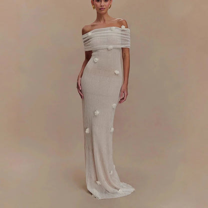 Chic 3D Flower Sleeveless Slim Maxi Dress Elegant Off Shoulder Knitted Long Dresses for Women 2025 Spring New Evening Party Robe