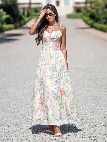 Women Elegant Printed Halter Long Sling Dress Sexy V-neck Sleeveless High Waist Slim A-line Dresses Lady Evening Party Dress