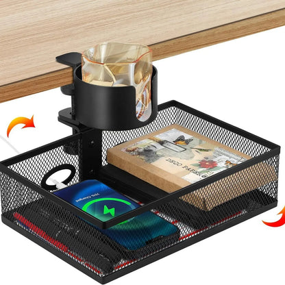 Mesh Desk Organizer with Clamp-on Swivel Pencil Drawer, having a hidden, sturdy C-Clamp mount system and easy installation.