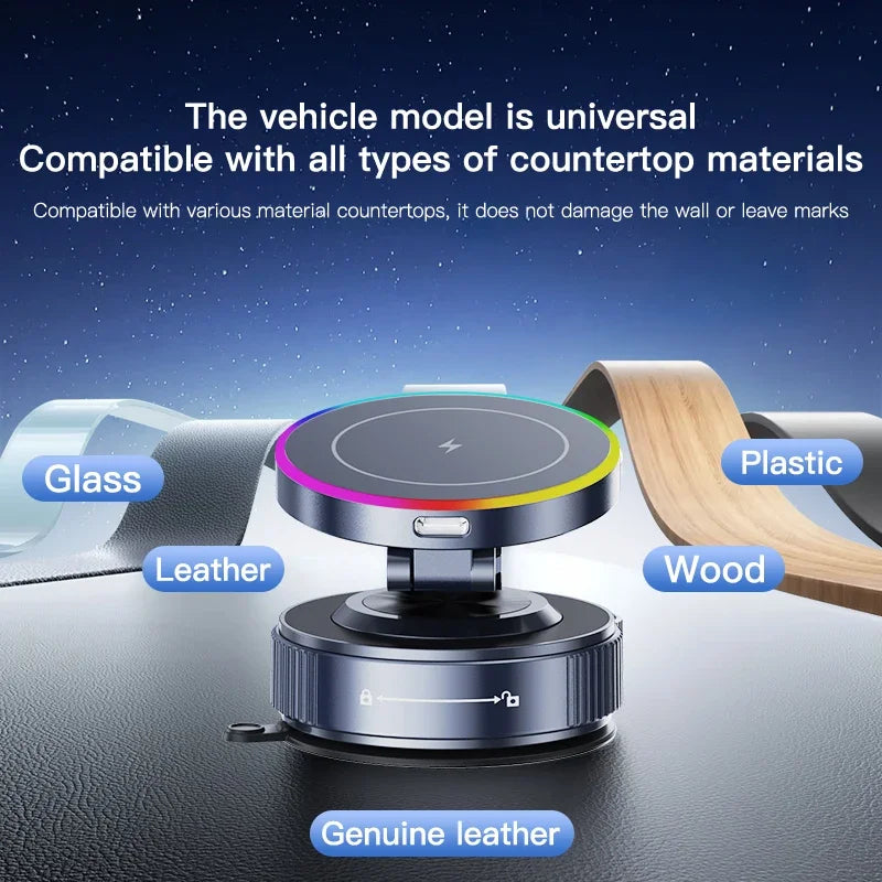 15W Vacuum Suction Cooling Magnetic Wireless Charger Car Phone Holder Mount 360 Rotatable Compatible with Smartphones for iPhone