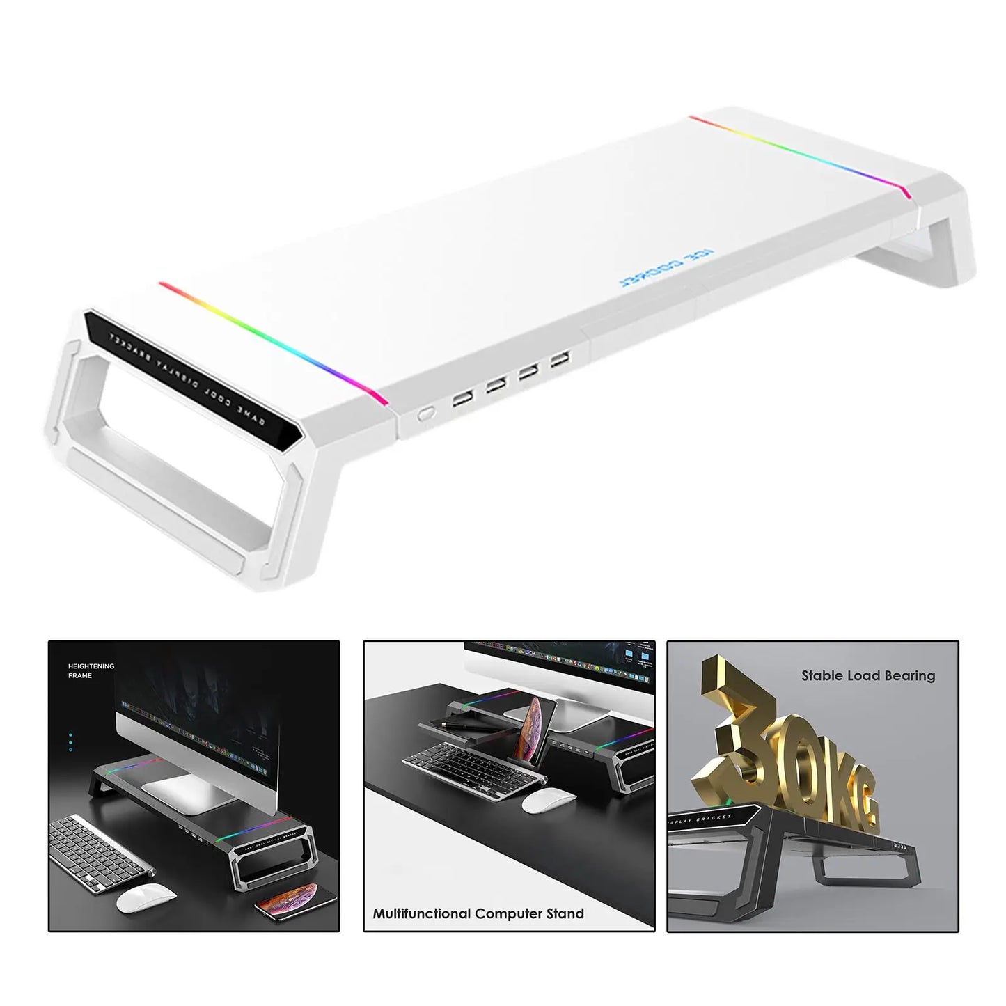 Aluminum RGB Monitor Stand Riser Bracket with 4 USB Ports Desk Organizer All-In-One Computer Laptop Height Stand Holder