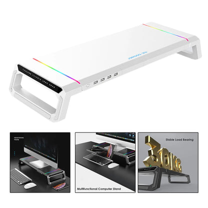 Aluminum RGB Monitor Stand Riser Bracket with 4 USB Ports Desk Organizer All-In-One Computer Laptop Height Stand Holder