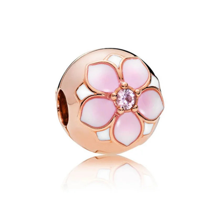 Rose Gold Fine Plated Pink Clip Dasiy Butterfly Dragonfly DIY Charms Fit Original Sterling Silver 925 Bracelet For Women Jewelry