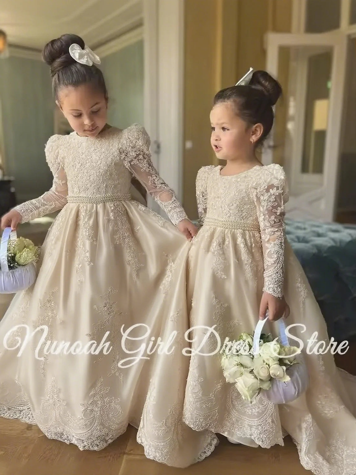 White Flower Girl Dresses for Wedding Bow Lace Appliques Floor Length Girls Kids Birthday Party Communion Party Gowns Customized