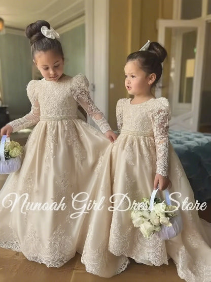 White Flower Girl Dresses for Wedding Bow Lace Appliques Floor Length Girls Kids Birthday Party Communion Party Gowns Customized