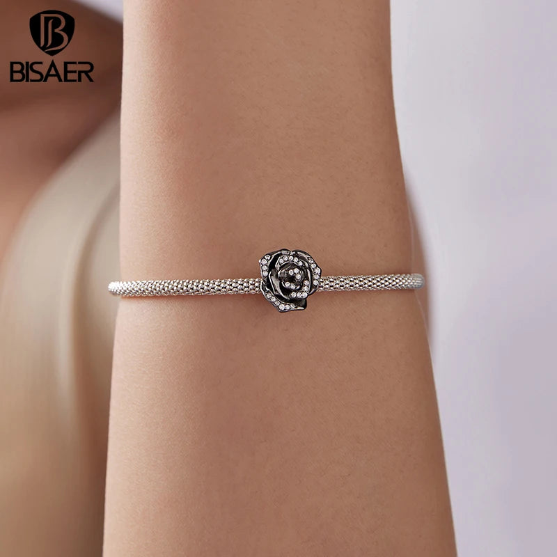 BISAER 925 Sterling Silver Vintage Dark Rose Charm Bead Black Rose Pendant for Women DIY Bracelet & Necklace Fine Jewelry