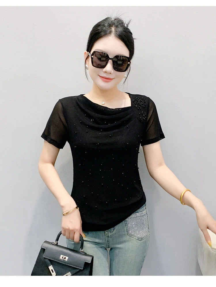 Korean Fashion Hot Diamond T Shirt Summer Casual Skew Neck Mesh Tops Beaded Short Sleeve Women Tees