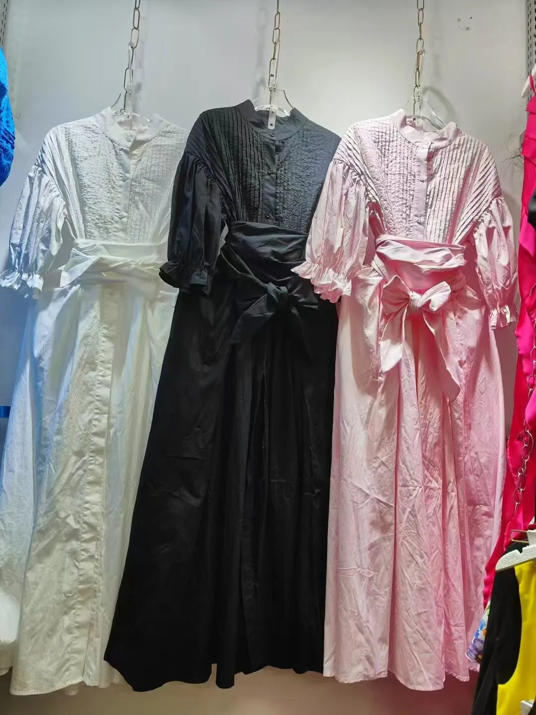 DEAT 2025 new autumn fashion clothing stand collar three quarter sleeves pleated waist belt long dress cotton vestido