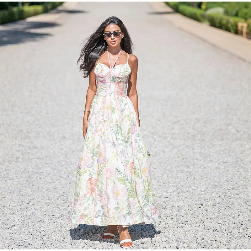 Women Elegant Printed Halter Long Sling Dress Sexy V-neck Sleeveless High Waist Slim A-line Dresses Lady Evening Party Dress
